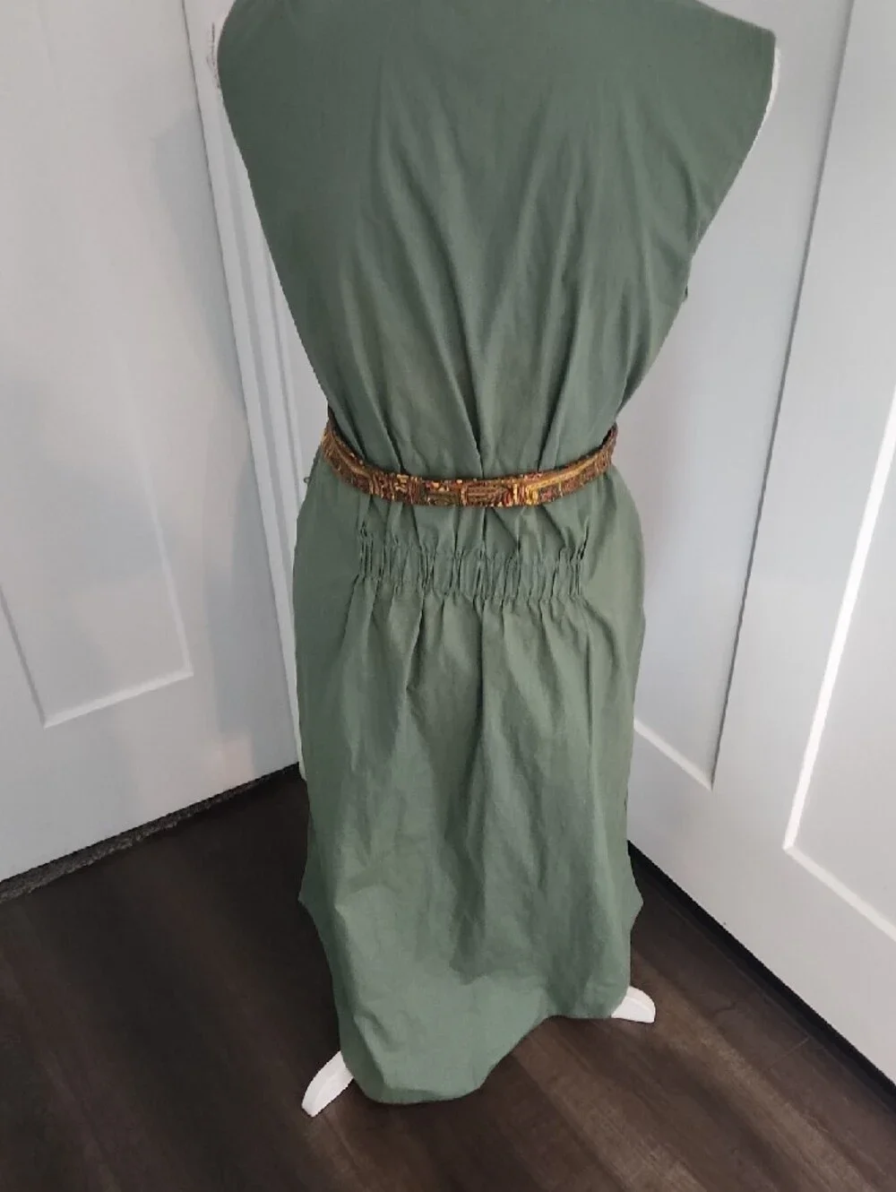 J. Crew Olive Green Sleeveless V-Neck Mini Dress with Patterned Waist Scarf - Picture 4 of 5